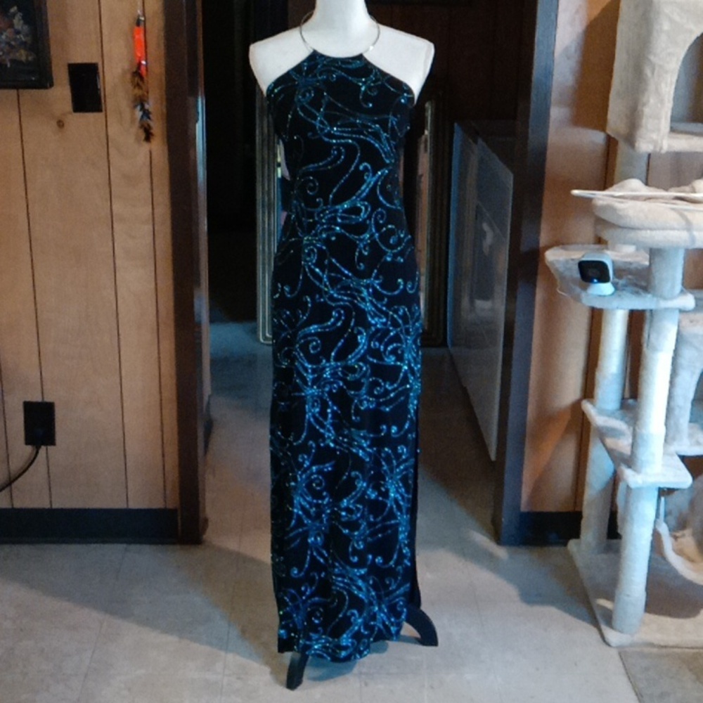 Long evening gown or prom turquoise glitter and black